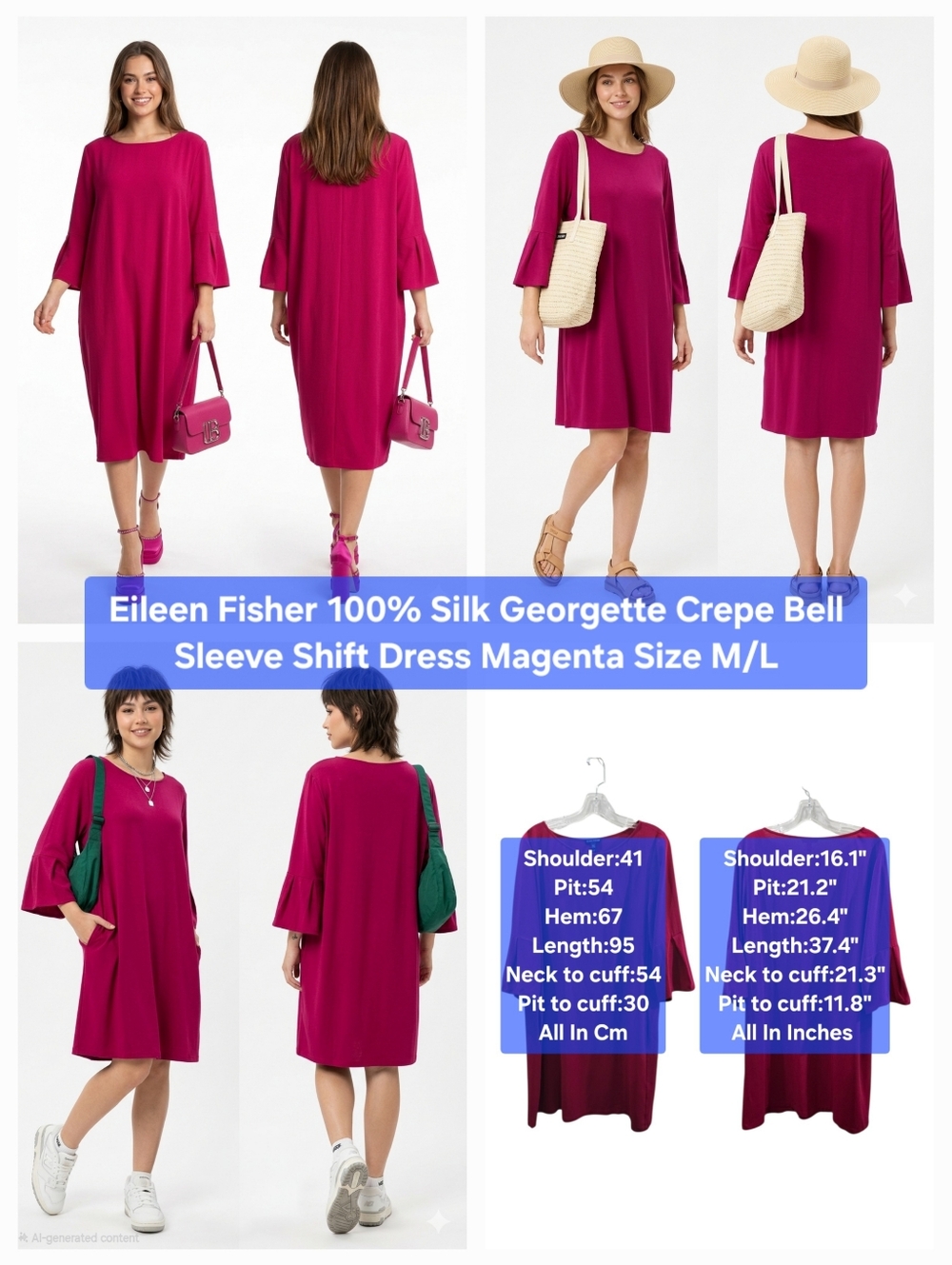 Eileen Fisher 100% Silk Georgette Crepe Bell Sleeve Shift Dress Magenta Size M/L